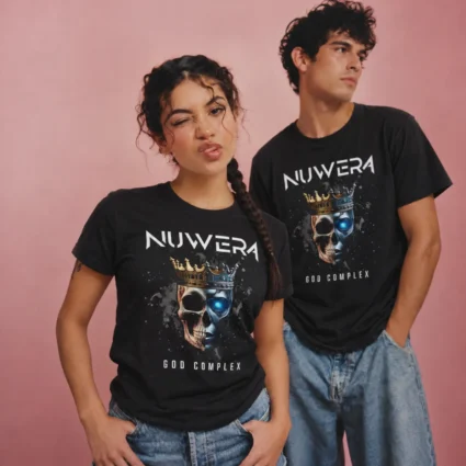 Two models wearing the black God Complex tee with the crowned half-skull artwork