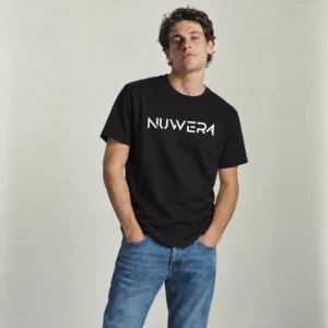 Model wearing the black Nuwera tee with the white NUWERA wordmark