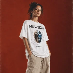 Model wearing the white Slaves tee with the chained half-skull artwork
