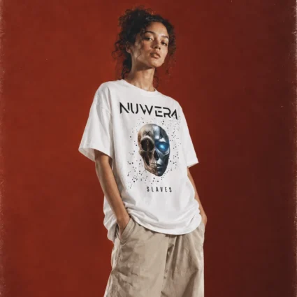 Model wearing the white Slaves tee with the chained half-skull artwork